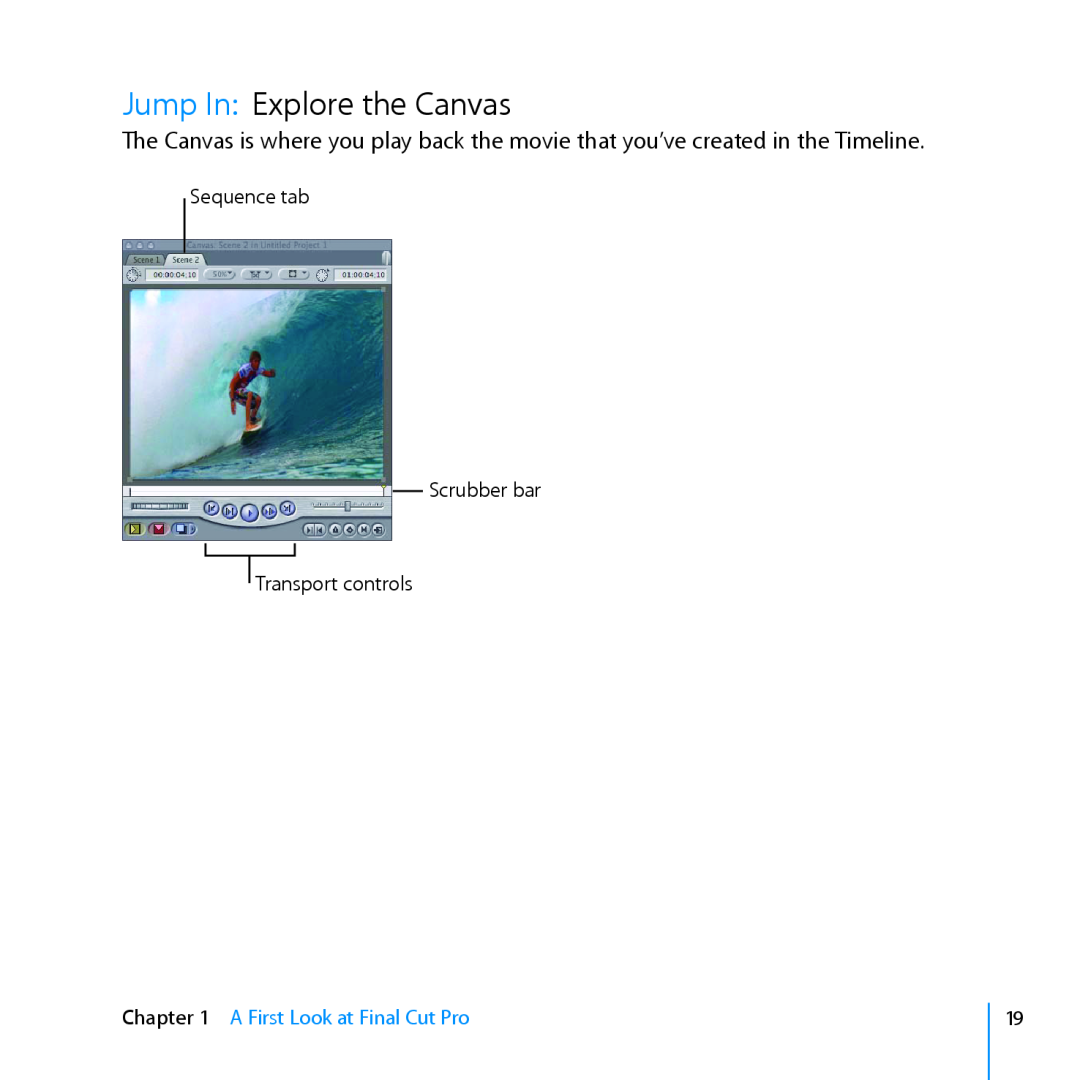 Apple 7 manual Jump In Explore the Canvas, Sequence tab Scrubber bar Transport controls, A First Look at Final Cut Pro 